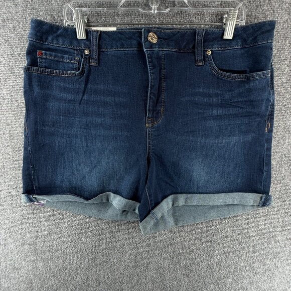 NWT Seven 7 Jeans Denim Shorts Rolled Hem Weekend Size 16 Stretch Dark Blue - Picture 1 of 15